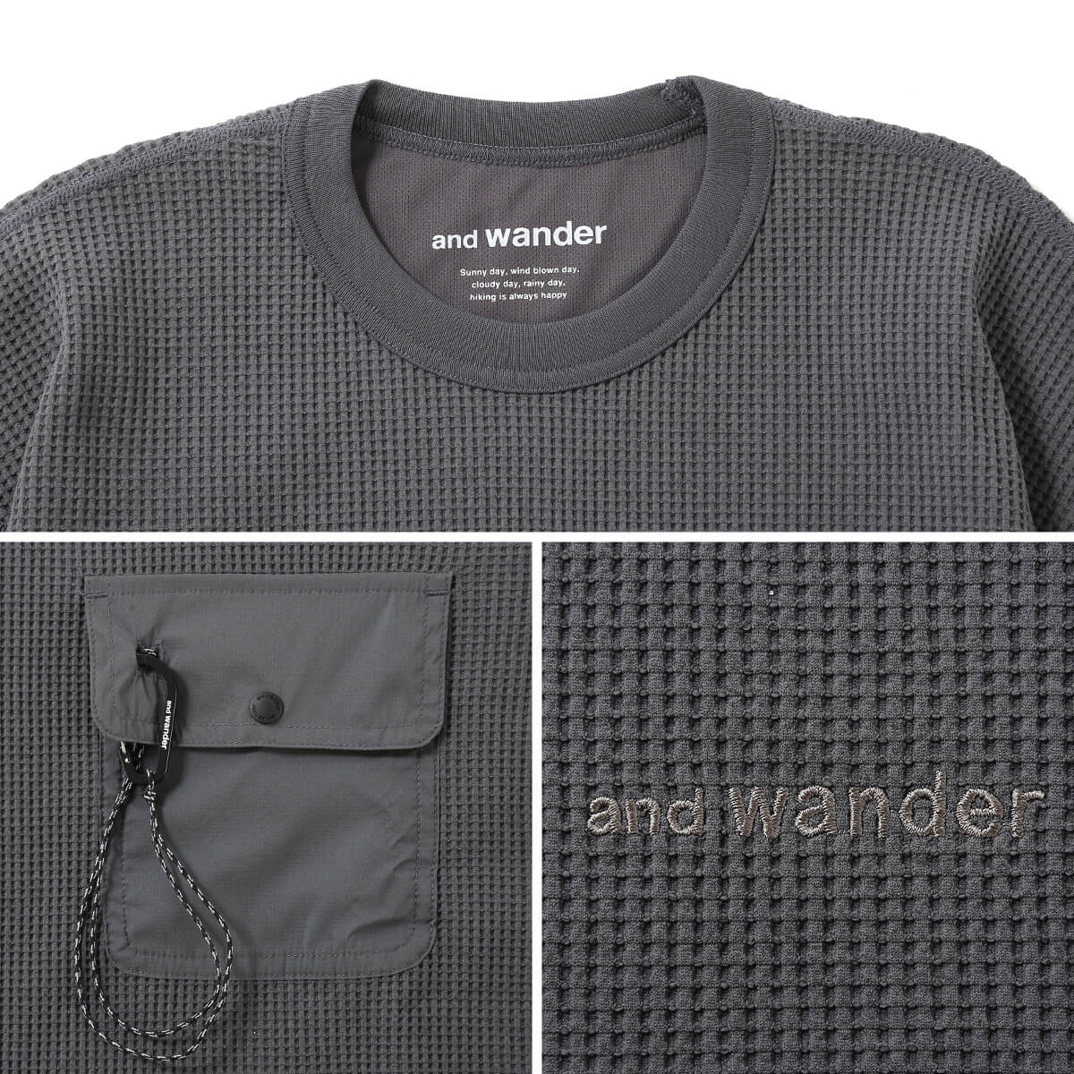 and wander アンドワンダー PEワッフルロングスリーブT(XL