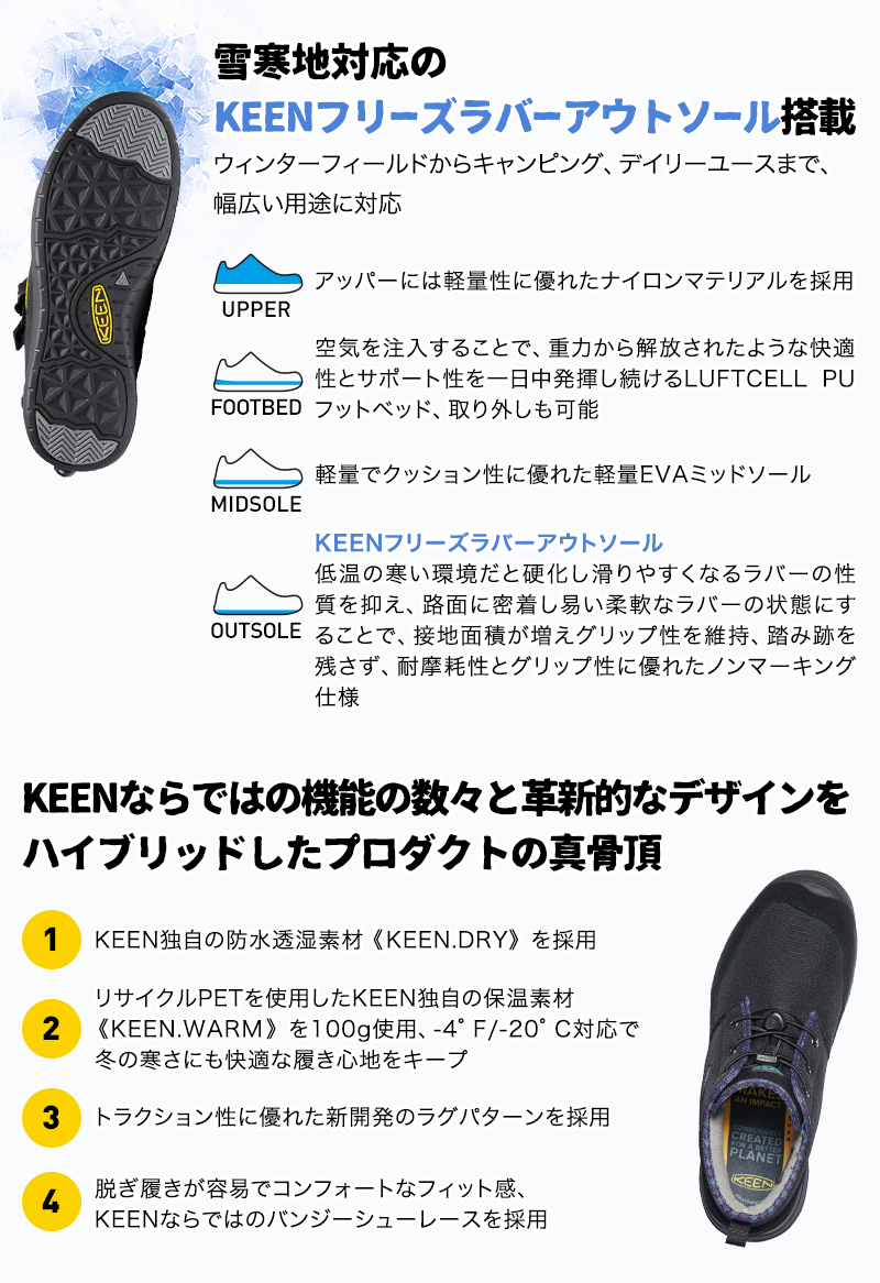 雪寒地対応のKEENフリーズラバーアウトソール搭載
			KEENならではの機能の数々と
			革新的なデザインをハイブリッドしたプロダクトの真骨頂